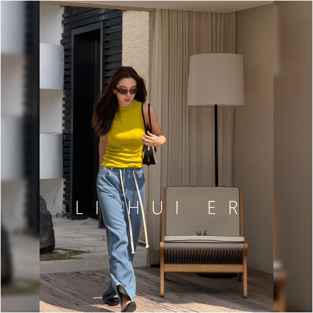 LiHuiEr Li Huier s Greek Summer Navy Blue Washed Denim Retro Loose Wide Leg Pants for Women image 4