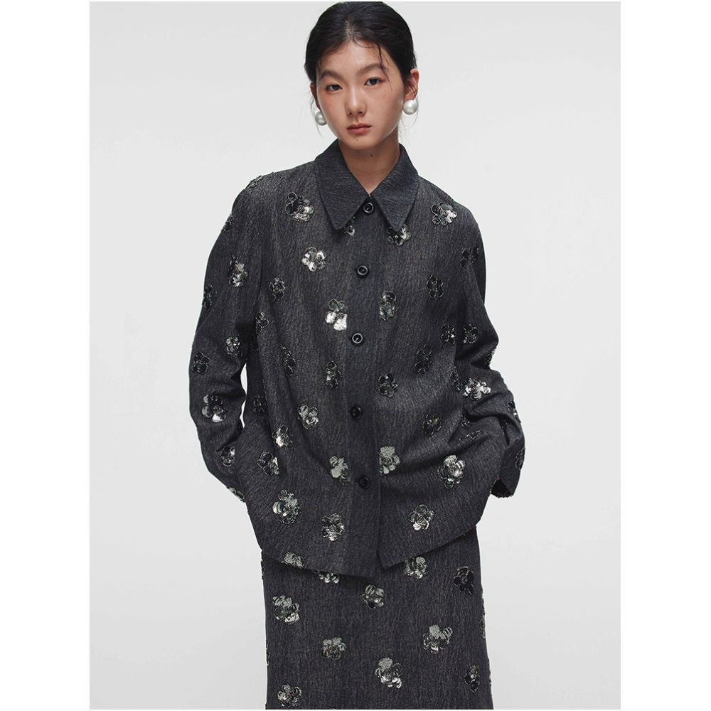 LINGYILI Autumn Winter Collection Grey Denim Embroidered Sequined Miu Style Jacket and Lace Trimmed Skirt Set image 1
