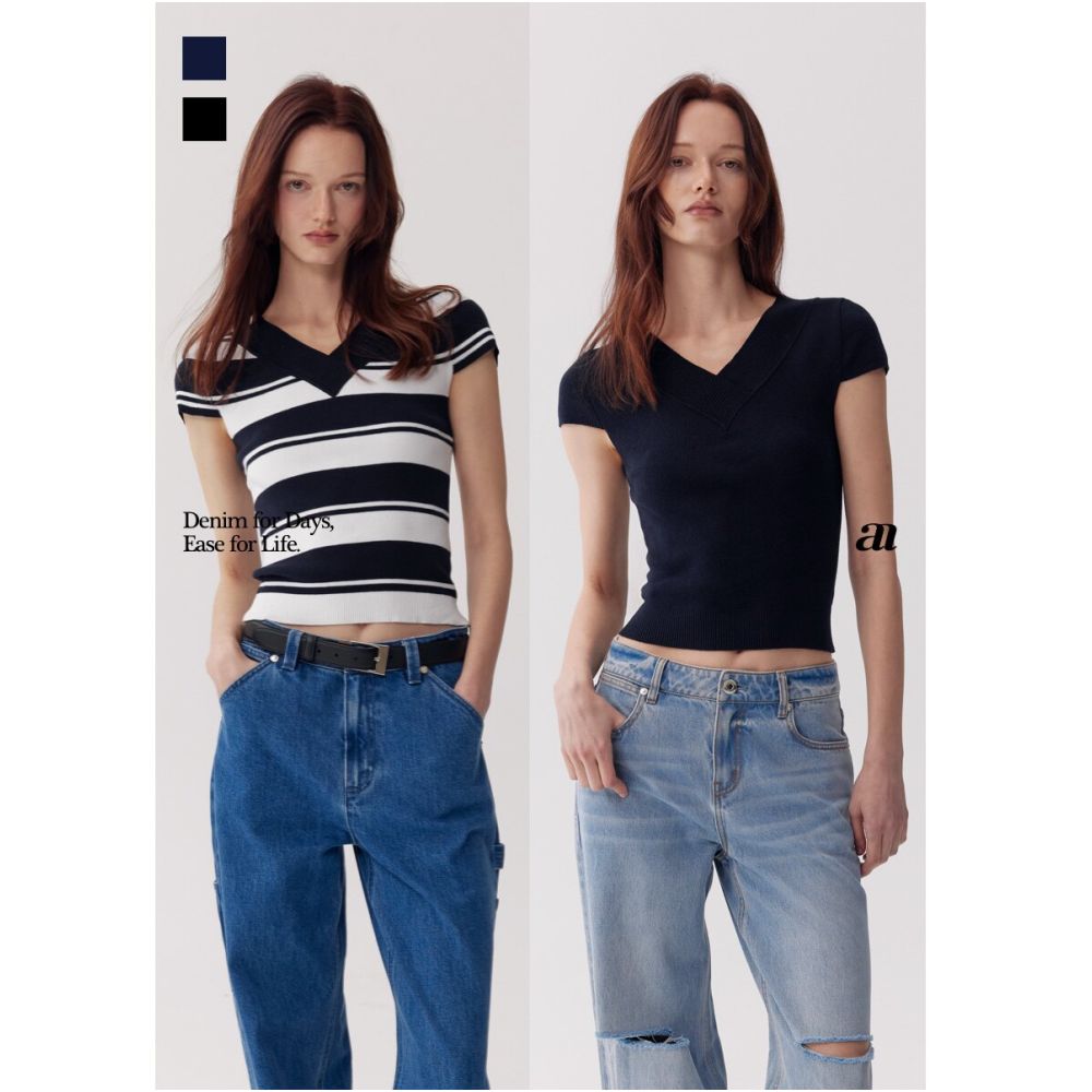 MADEINAM Breathable and Comfortable Cotton Linen Blend Elastic Slim Fit Ribbed Knit V Neck Short Sleeve T Shirt Top image 1