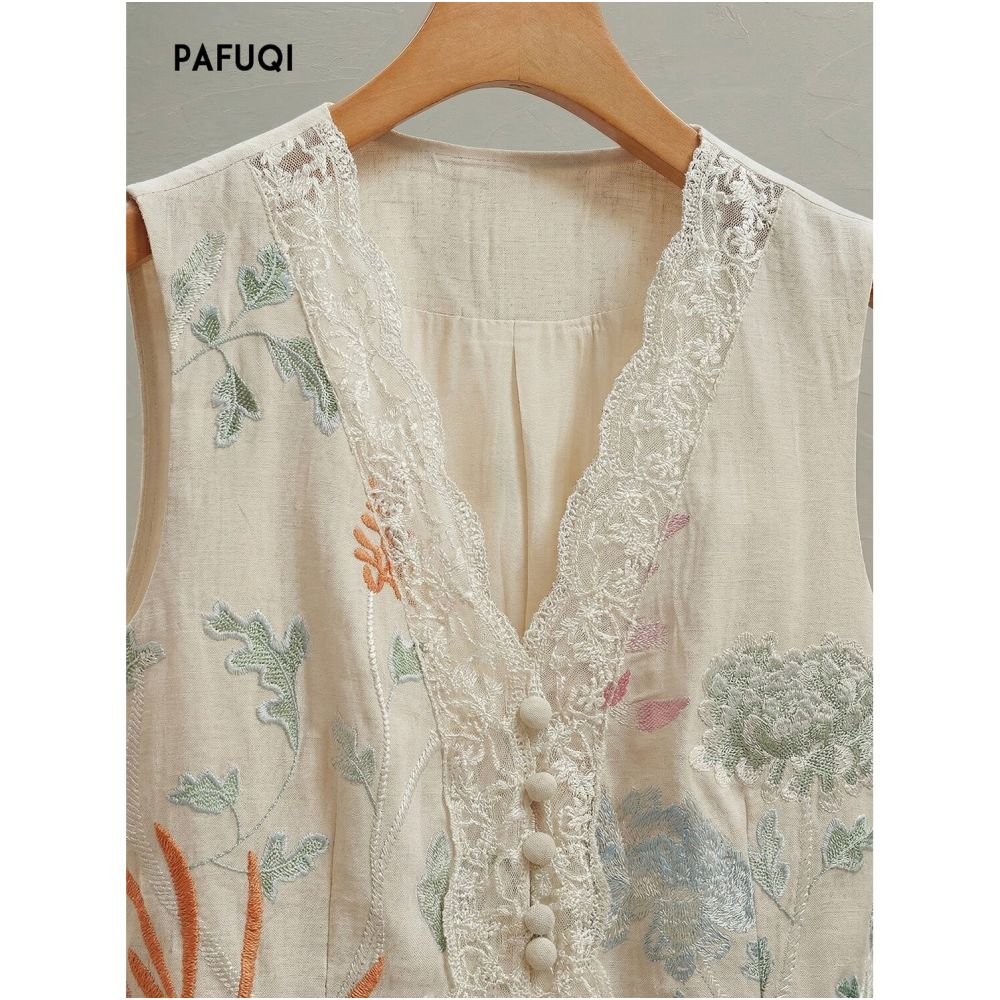 Improved New Chinese Style Heavy Embroidery Sleeveless Linen Vest Thin Style Light Chinese Style Women s Clothing 2026 Summer New Arrival image 2