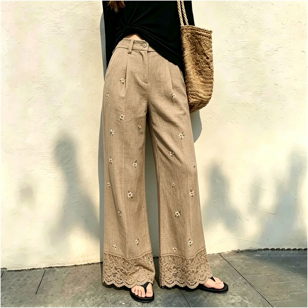 Khaki lace trimmed jacquard linen pants for women new summer 2026 style sophisticated fashionable versatile wide leg pants image 3