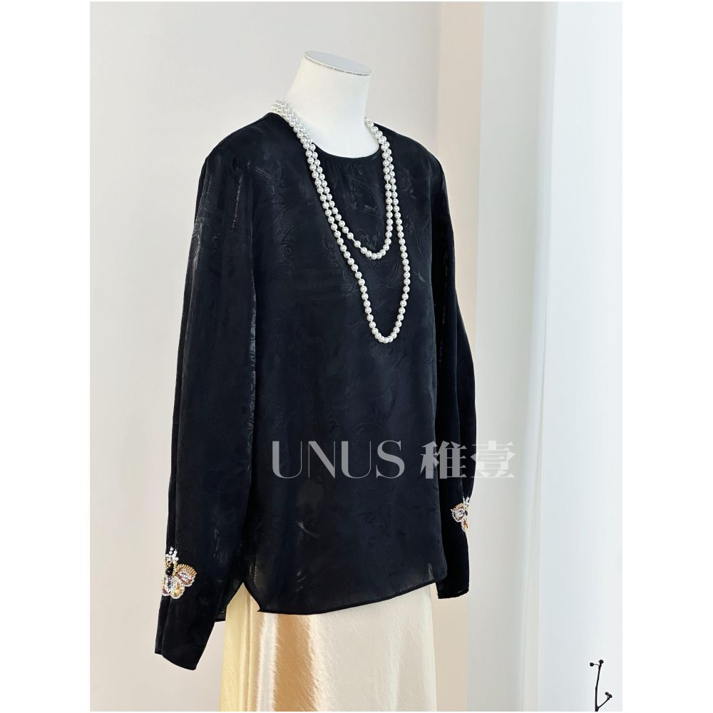 UNUS s textured shimmering brocade shirt a new Chinese style jacquard round neck long sleeved versatile and elegant Chinese style top image 1