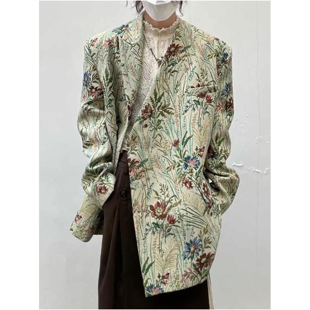 PCGO 14GSL Niche Design Retro Floral V Neck Side Button Padded Shoulder Suit Jacket for Men and Women image 0