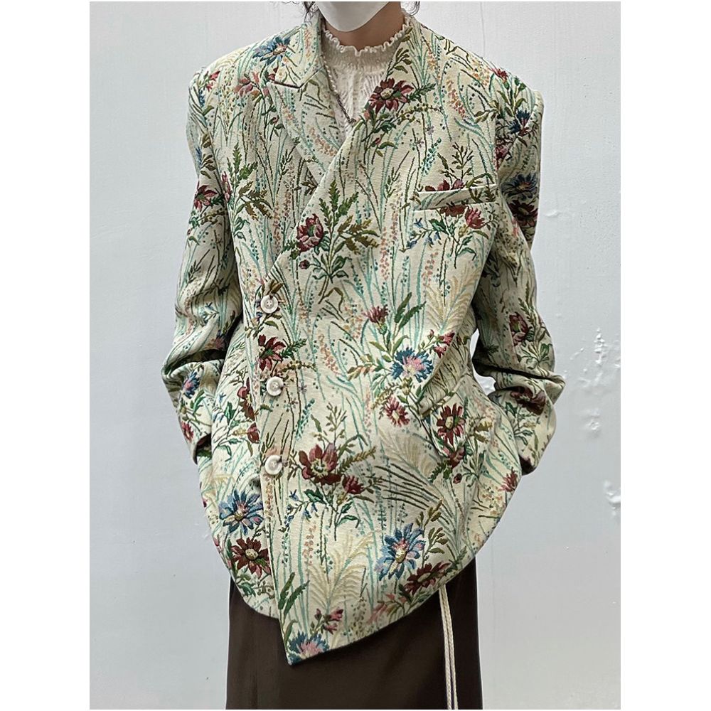 PCGO 14GSL Niche Design Retro Floral V Neck Side Button Padded Shoulder Suit Jacket for Men and Women image 1