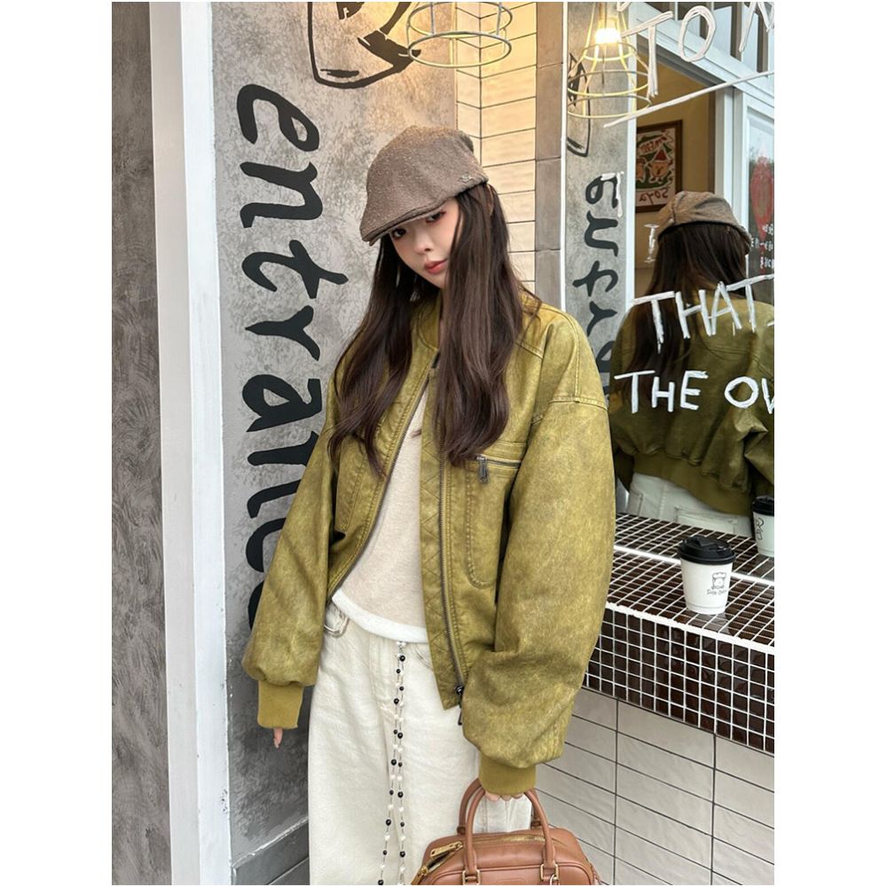 Avocado green retro leather jacket for women 2026 new style super hot and cool petite motorcycle jacket American style image 1