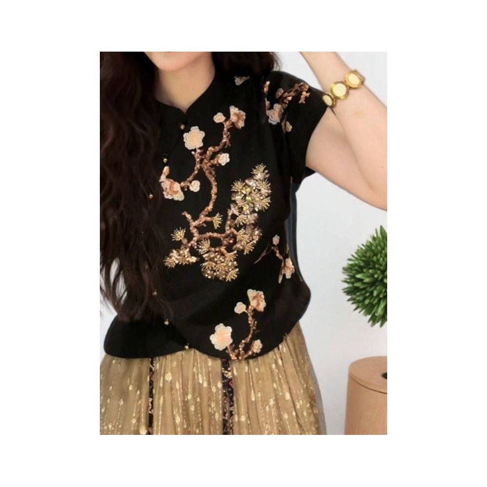 AVLINVA Flower Lying Wine New Chinese Style Women s Clothing 2025 New Short Sleeved Shirt Elegant Women s Top image 2