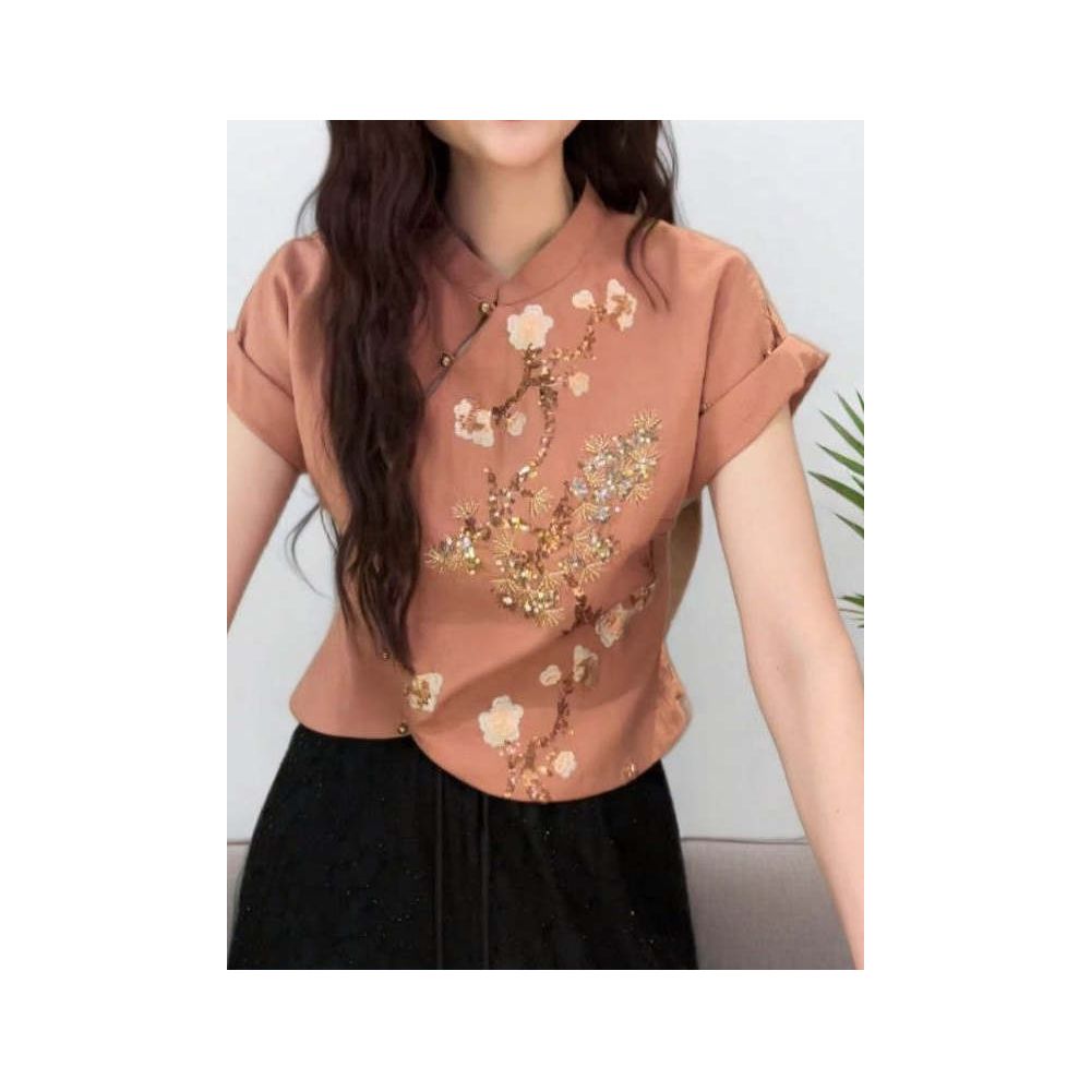 AVLINVA Flower Lying Wine New Chinese Style Women s Clothing 2025 New Short Sleeved Shirt Elegant Women s Top image 4