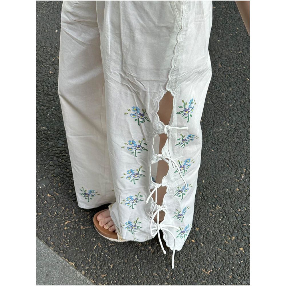 Shenzhen Nanyou upscale boutique Retro floral embroidered hollow out tie waist linen straight wide leg trousers for women summer image 4