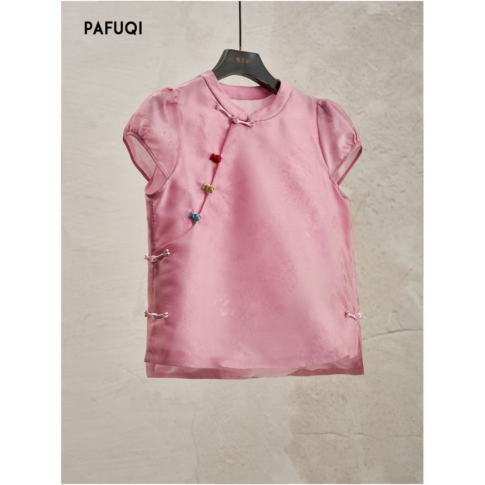New Chinese style suit youthful style stand collar tie dye top short sleeved shirt exquisite blouse light Chinese style women s summer wear image 2
