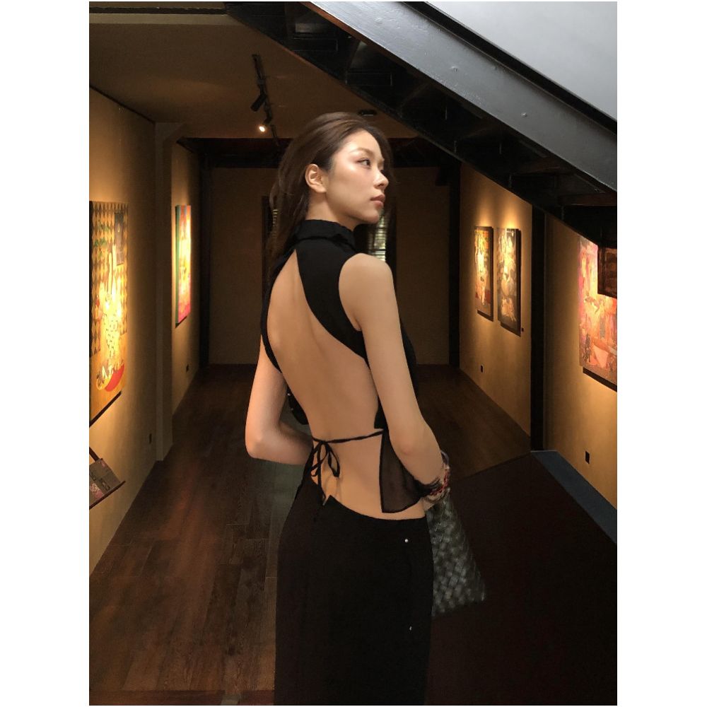 UU Black Slim Waist Backless Chic Unique Mesh Sleeveless Top Summer New Arrival Niche Dark Lolita Style image 1