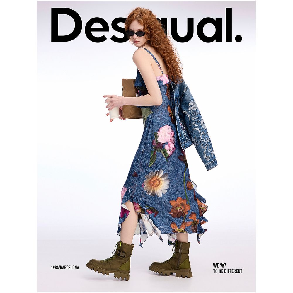 Desigual Spring Summer 2026 New Arrival Floral Print Textured Ruffled Long Spaghetti Strap Dress image 3