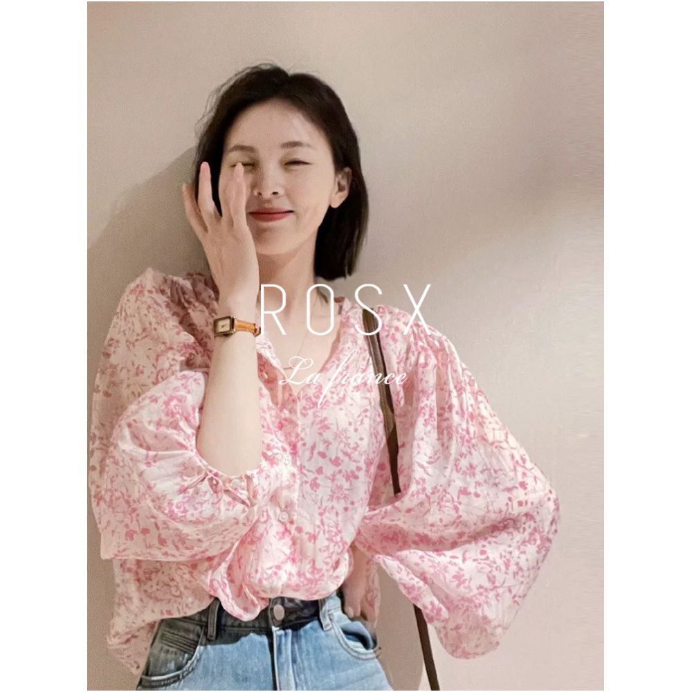 ROSX French style soft pink floral puff sleeve blouse for women summer thin style super fairy sweet age reducing sun protection shirt image 1