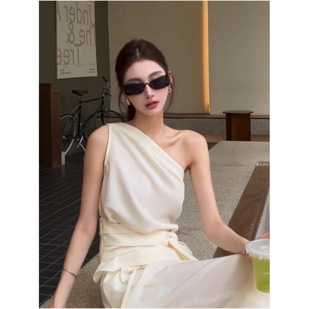 Tach Paola French inspired off shoulder belted sleeveless white fitted vest shirt image 1