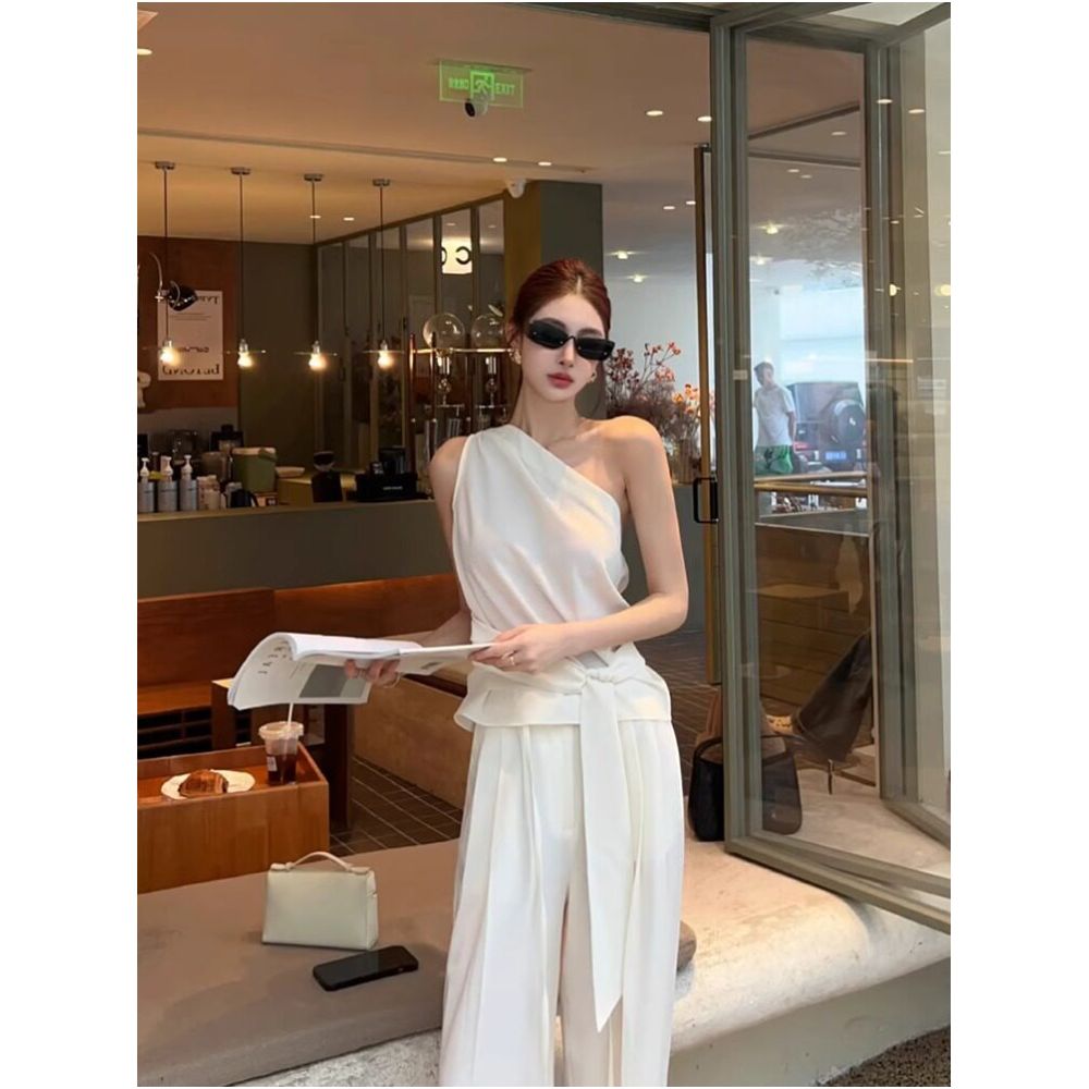 Tach Paola French inspired off shoulder belted sleeveless white fitted vest shirt image 3