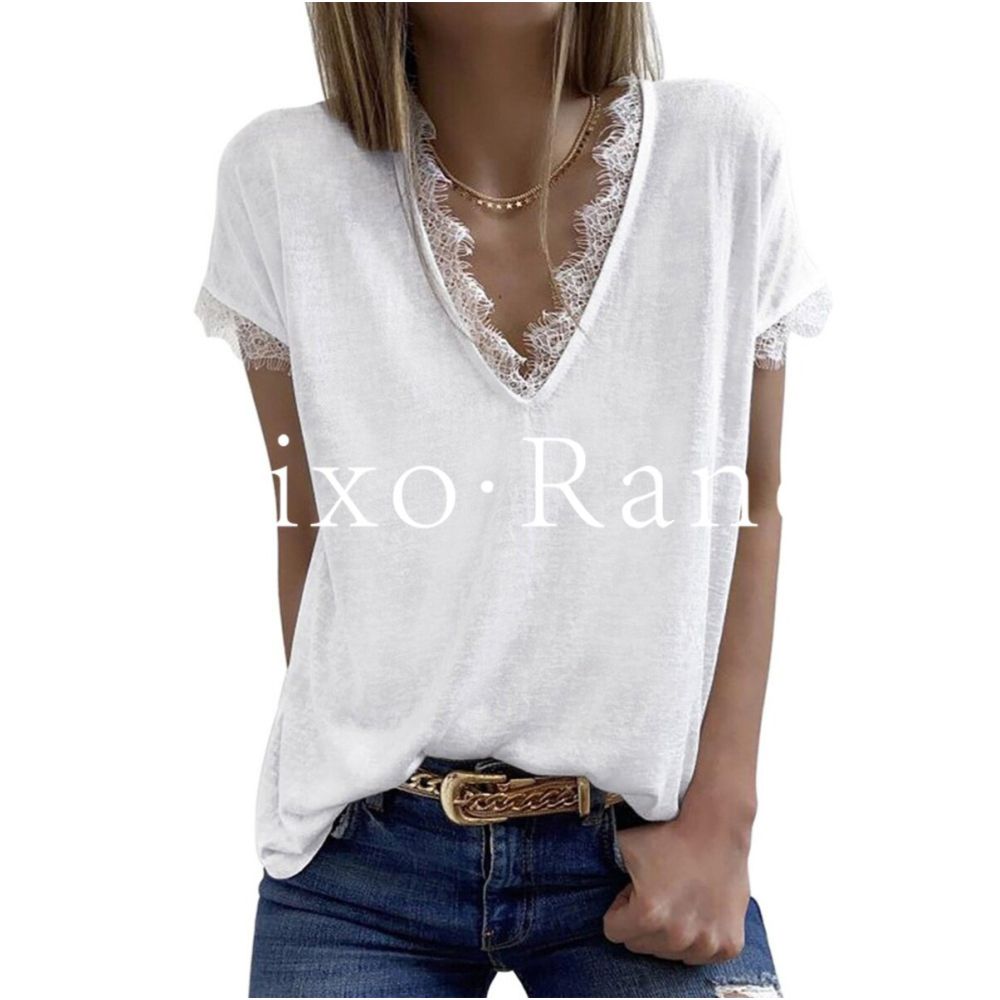 French Rixo Rane Lace V neck Short sleeved T shirt for Women European and American style casual white pullover top image 0