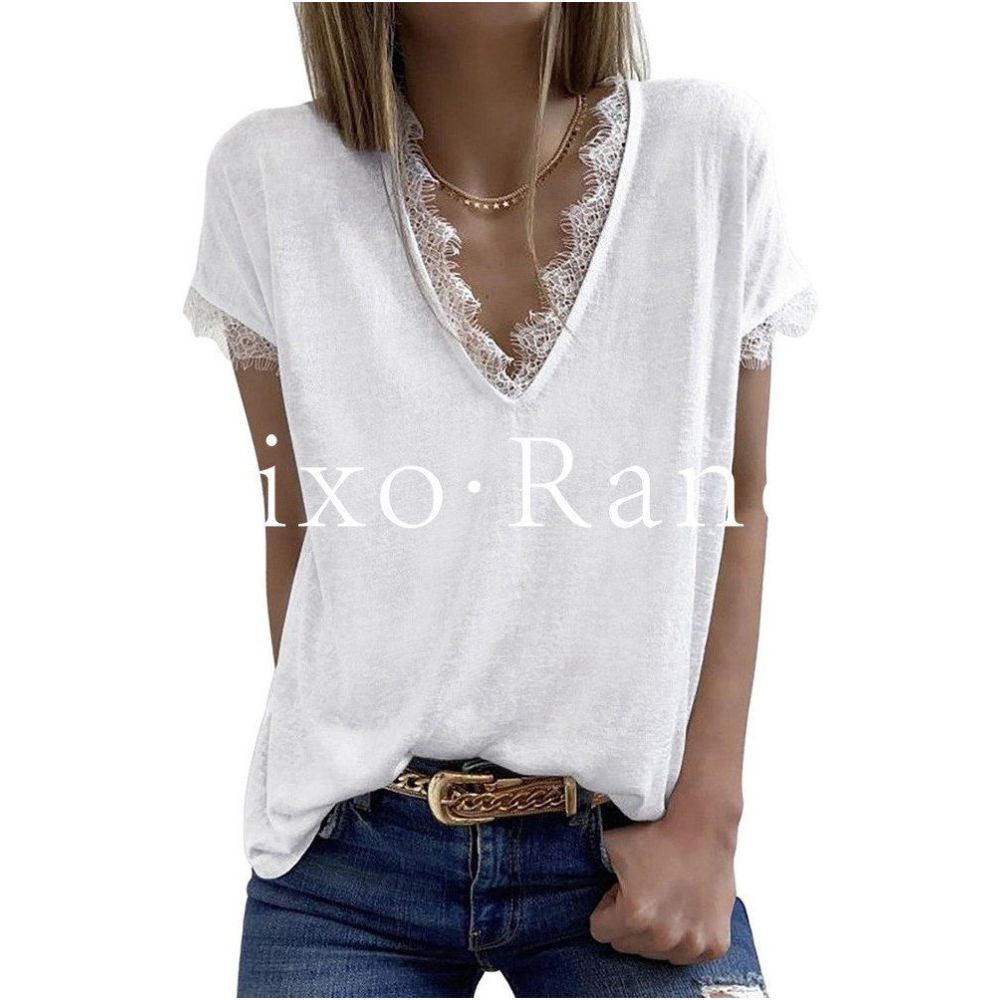 French Rixo Rane Lace V neck Short sleeved T shirt for Women European and American style casual white pullover top image 4
