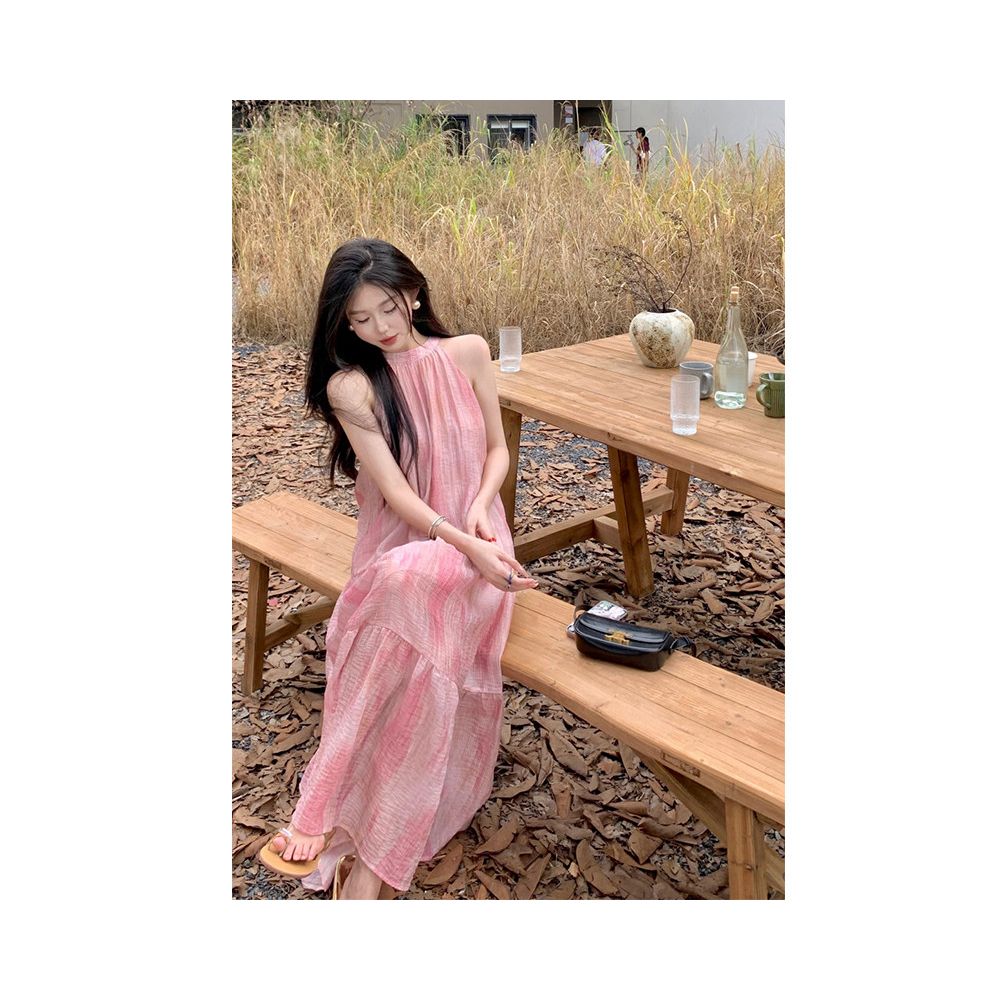 French style halter neck sleeveless loose pink tie dye dress for women new style for 2023 exuding a sophisticated sweet and gentle feel image 3
