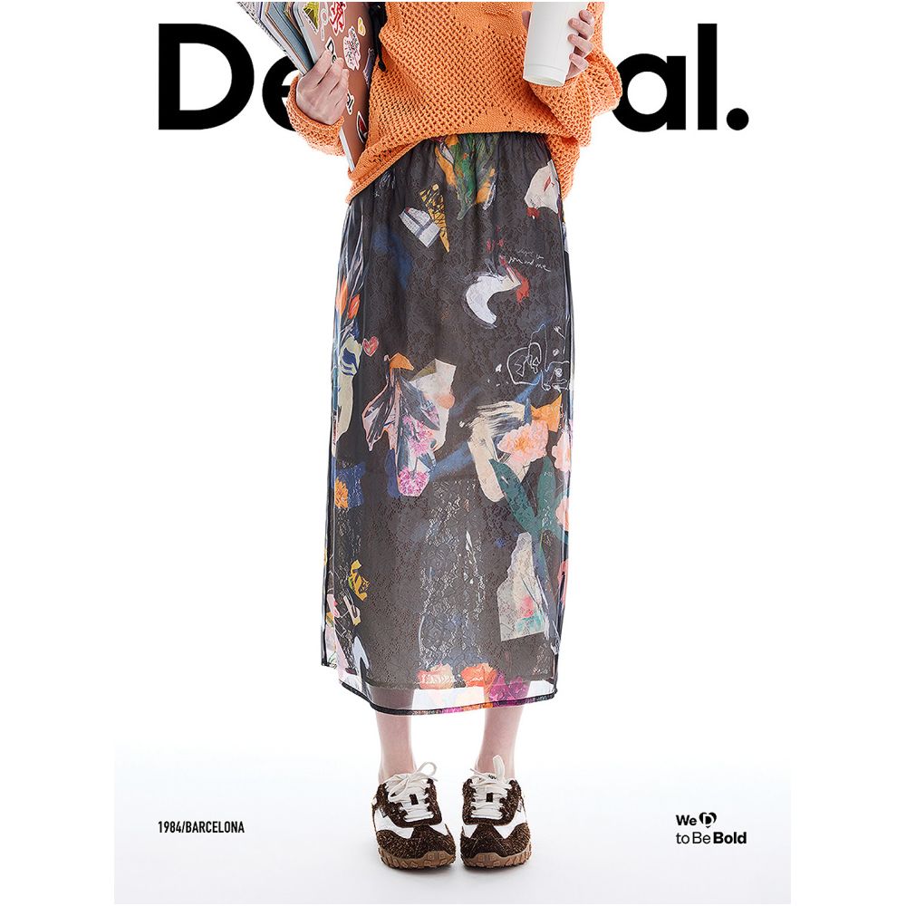 Desigual Spring Summer 2026 New Arrival Illustration Print Organza Lace Elastic Waist Long Women s Skirt image 1
