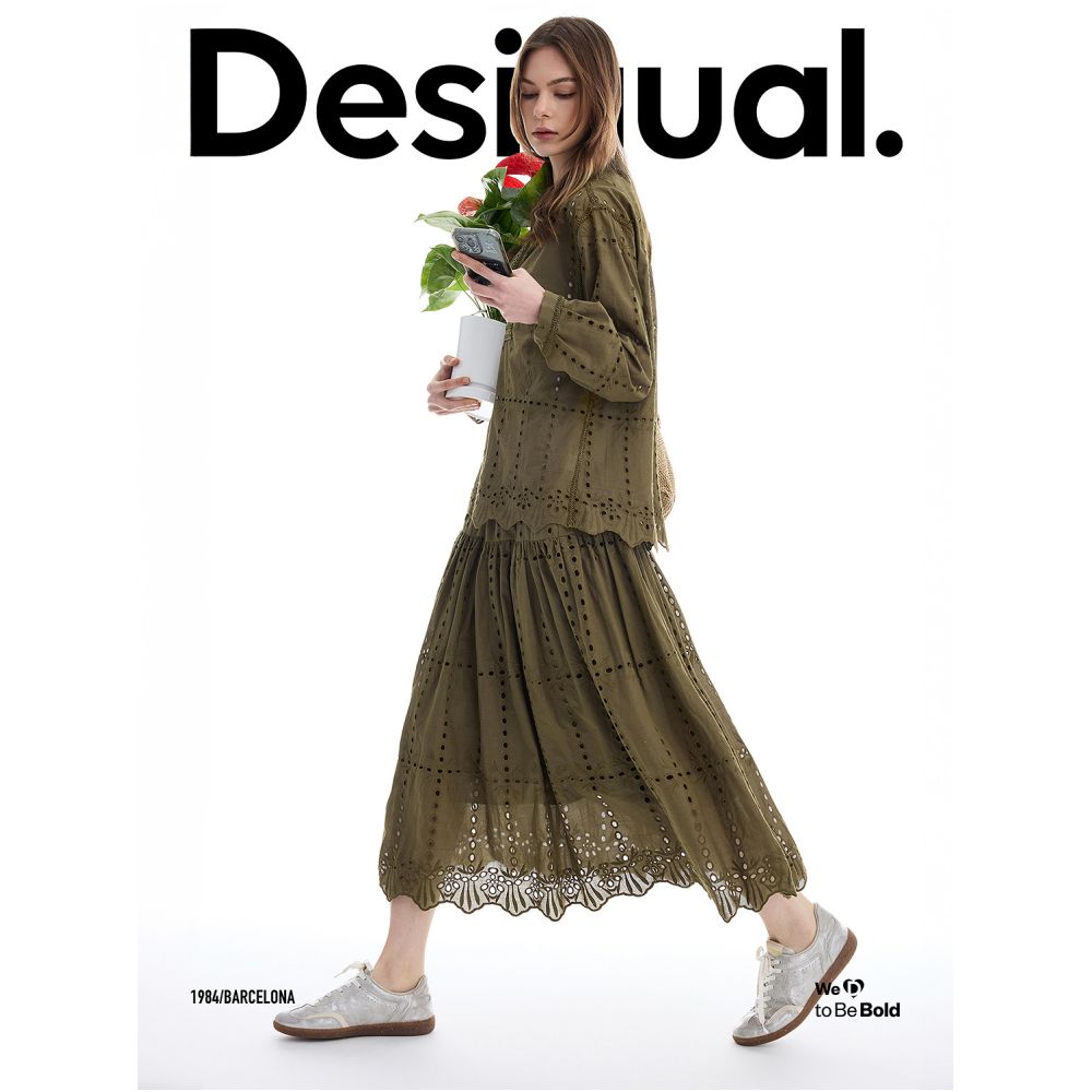 Desigual Spring Summer 2026 New Arrival Hollow out Embroidered Elastic Waist Long A line Women s Skirt image 3