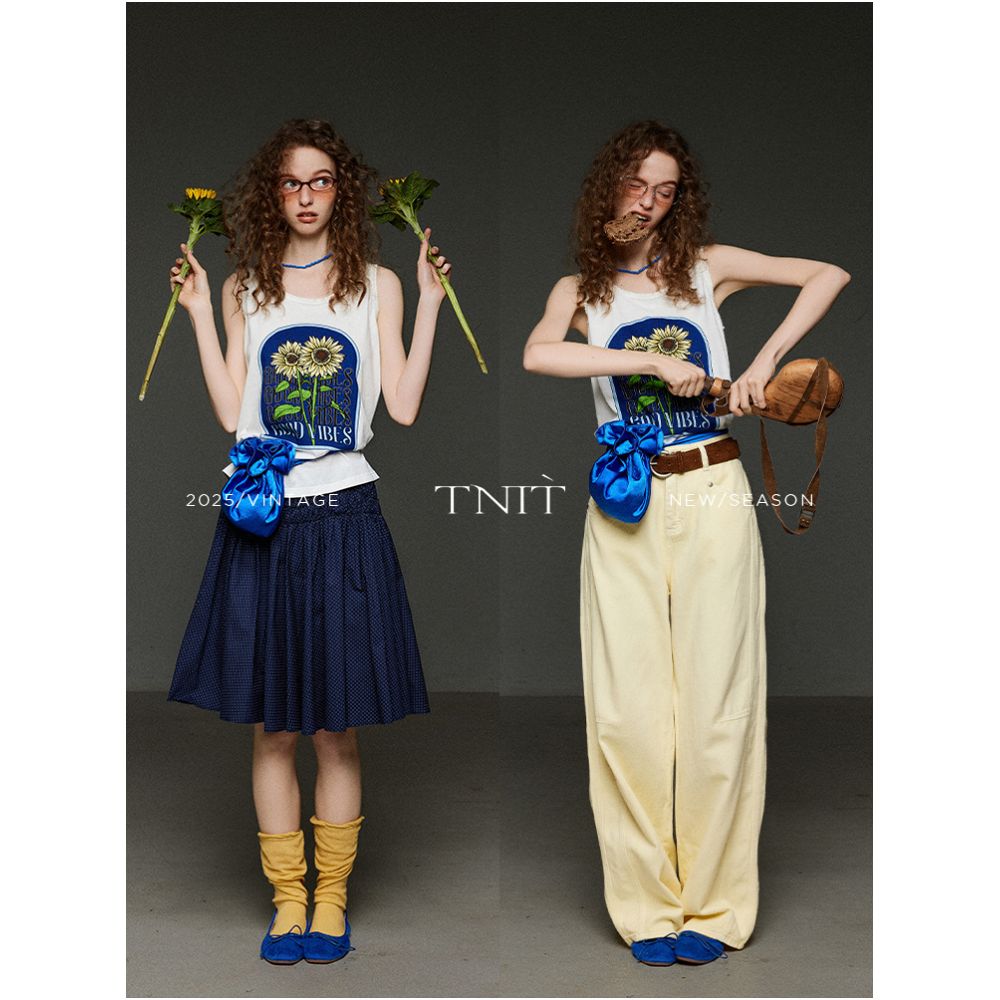 TNIT Lace Collar Sunflower Print Vest for Women Summer Design Unique Style Sleeveless T Shirt Top image 0