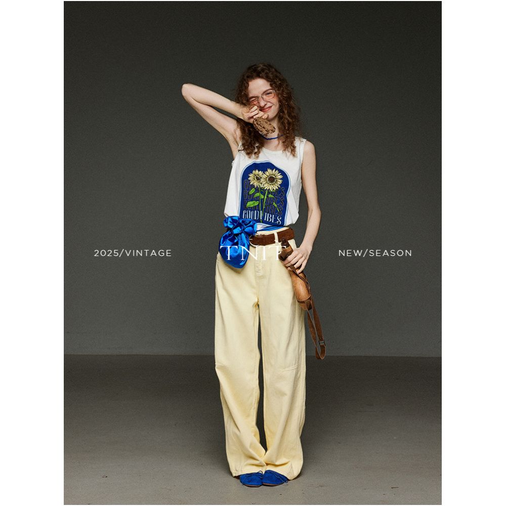 TNIT Lace Collar Sunflower Print Vest for Women Summer Design Unique Style Sleeveless T Shirt Top image 1