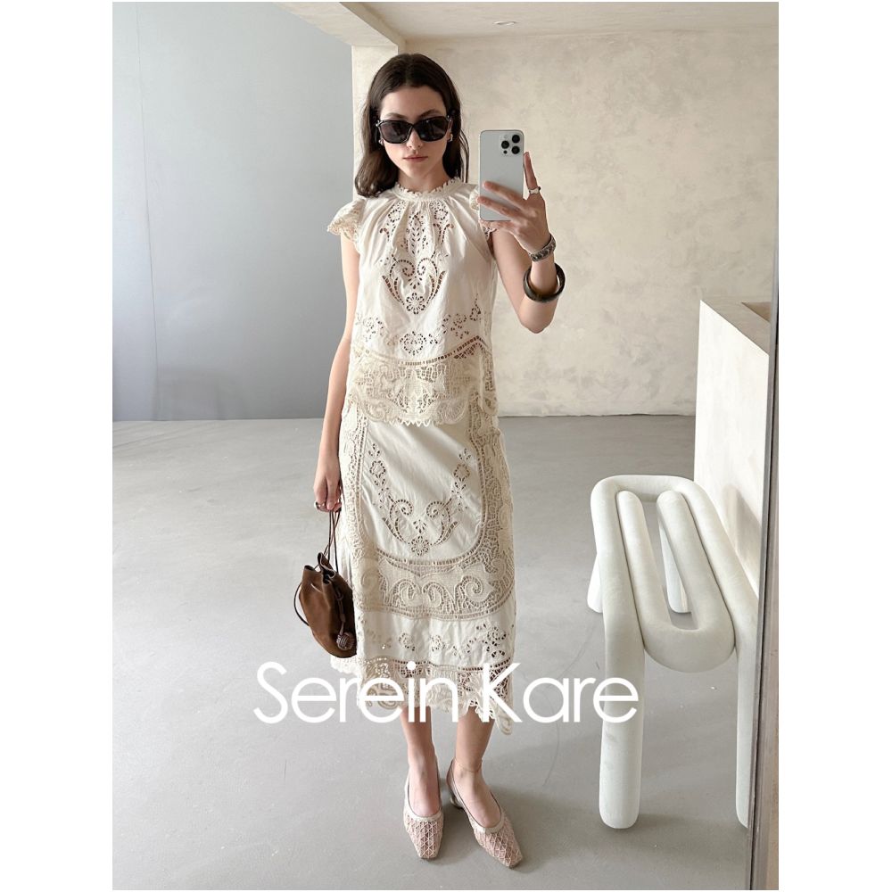 Serein Kare French lace crochet embroidered openwork flutter sleeve shirt top A line skirt image 0