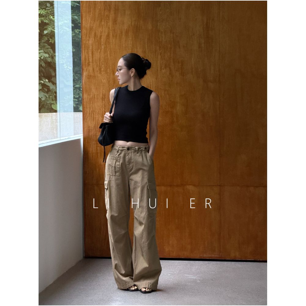 LiHuiEr Beverly Hills Summer Brown Pure Cotton 3D Cut Straight Leg Cargo Pants for Women image 0