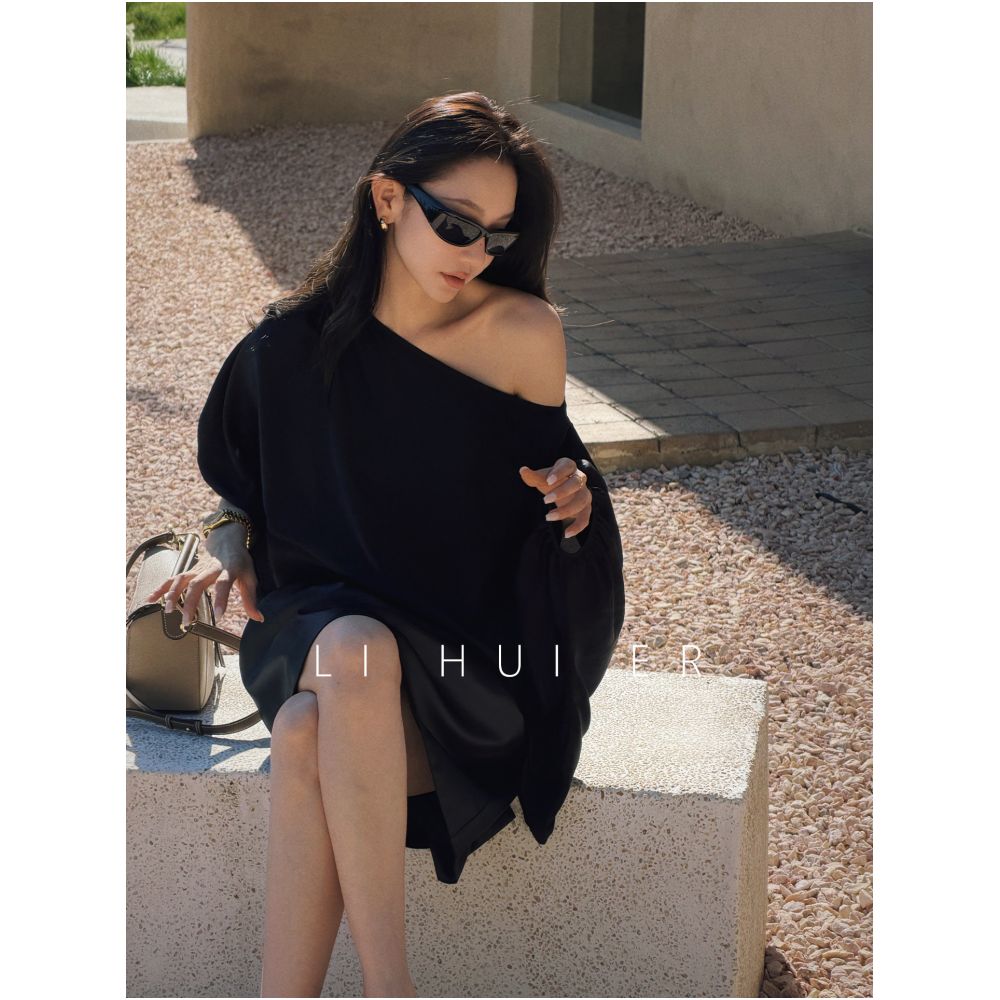 LiHuiEr Basil and Night Black Off Shoulder Cape T Shirt Women s Summer Minimalist Acetate Loose Top image 2