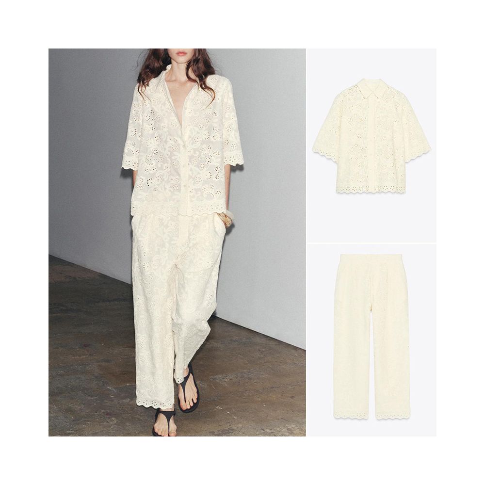 Short sleeved collared openwork embroidered shirt 2731063 Pleated mid waisted openwork embroidered trousers 2731064 image 0