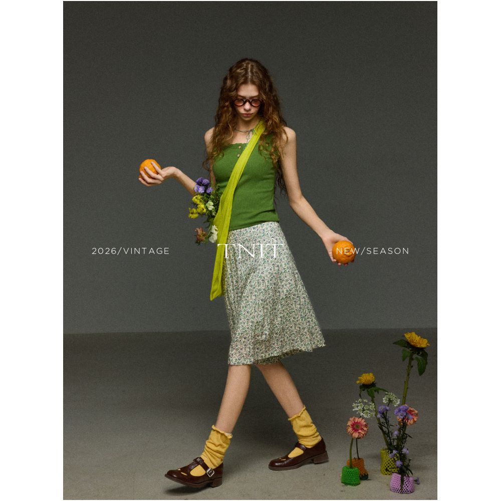 TNIT Retro Side Zipper High Waist Floral Pleated Slimming Skirt Pants Women s Summer Loose Straight Wide Leg Five Point Pants image 2