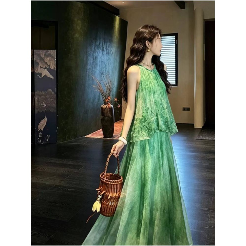 AVLINVA Flower Drink New Chinese Style Ruyi Yarn Beaded Embroidery Dress for Women Summer National Style Vest Long Skirt Trendy image 1