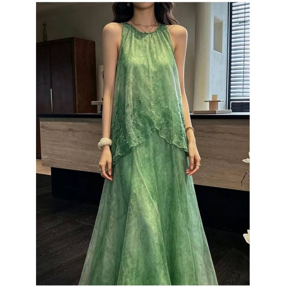 AVLINVA Flower Drink New Chinese Style Ruyi Yarn Beaded Embroidery Dress for Women Summer National Style Vest Long Skirt Trendy image 2