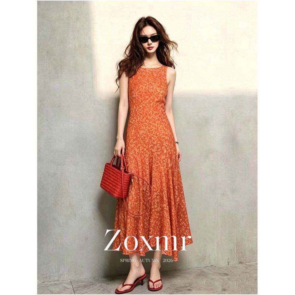 Exquisite summer floral print dress French beach vacation style fitted orange print sleeveless vest dress for women image 0