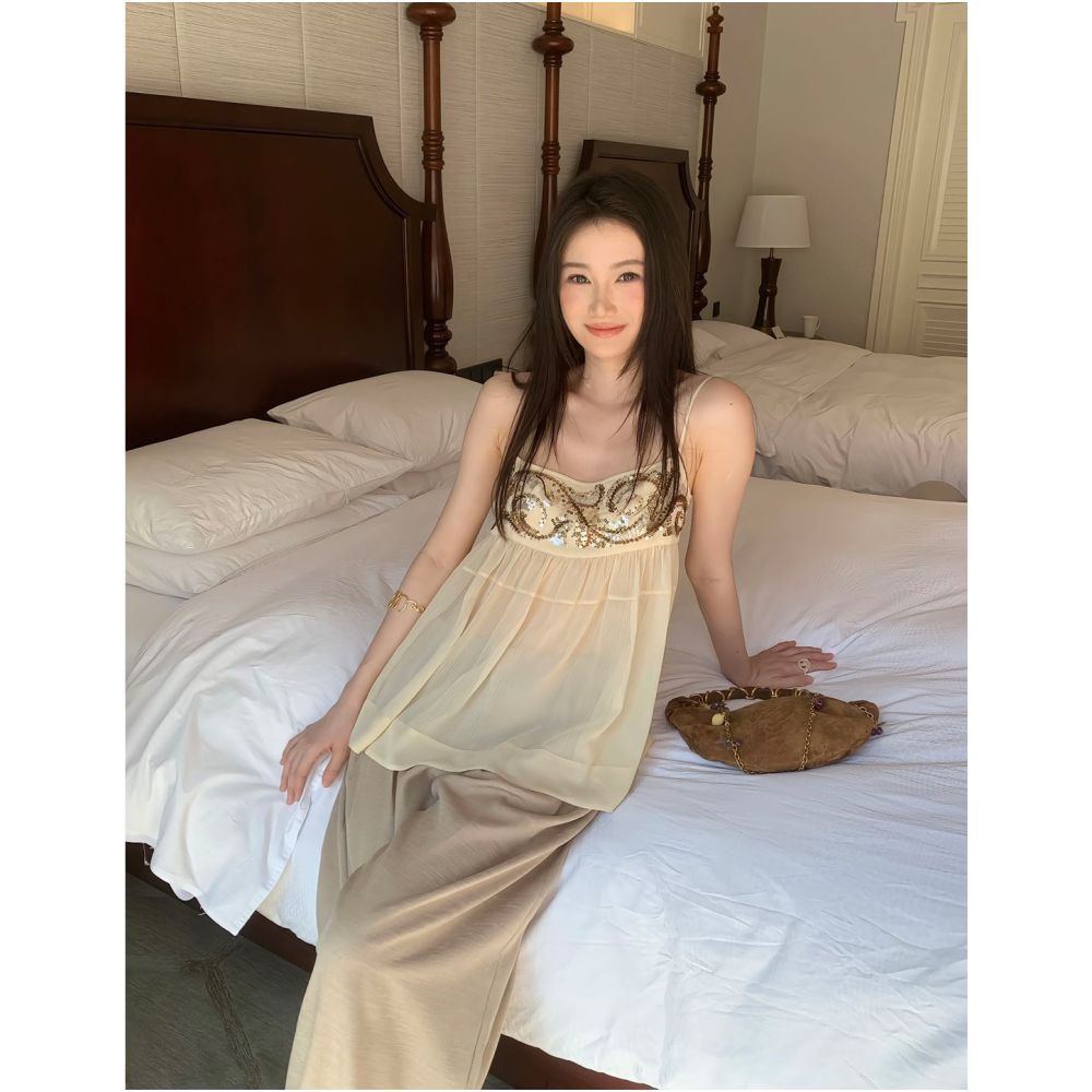 ASAYA7102 – Golden Glow Embellished Cami & Satin Wide-Leg Pants ✨🤎
