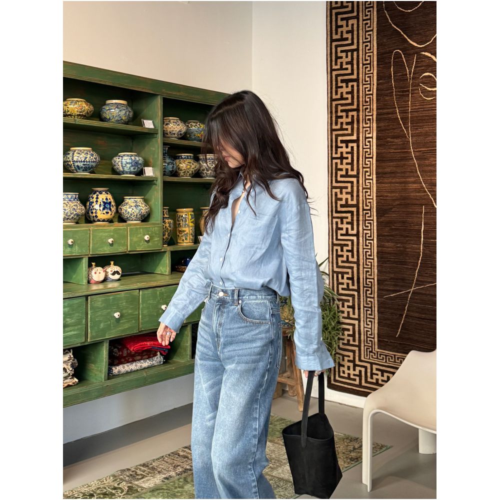 Krocchi Misty Blue Loose Linen Shirt for Women Spring 2025 Loose Shoulder Sleeves Pocket Shirt Relaxed Style image 1