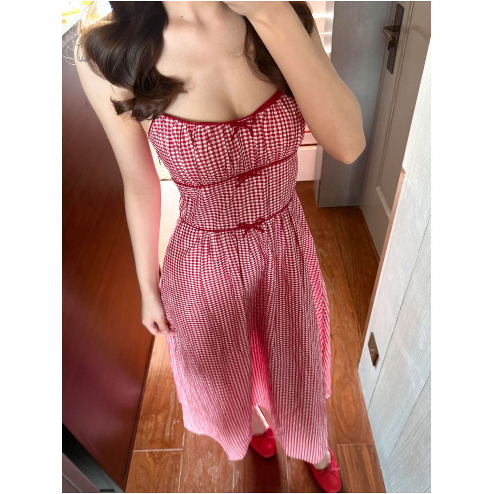 Free Optimist Red Plaid Sundress for Women 2026 New Style Resort Style Slimming Waist Dress image 0
