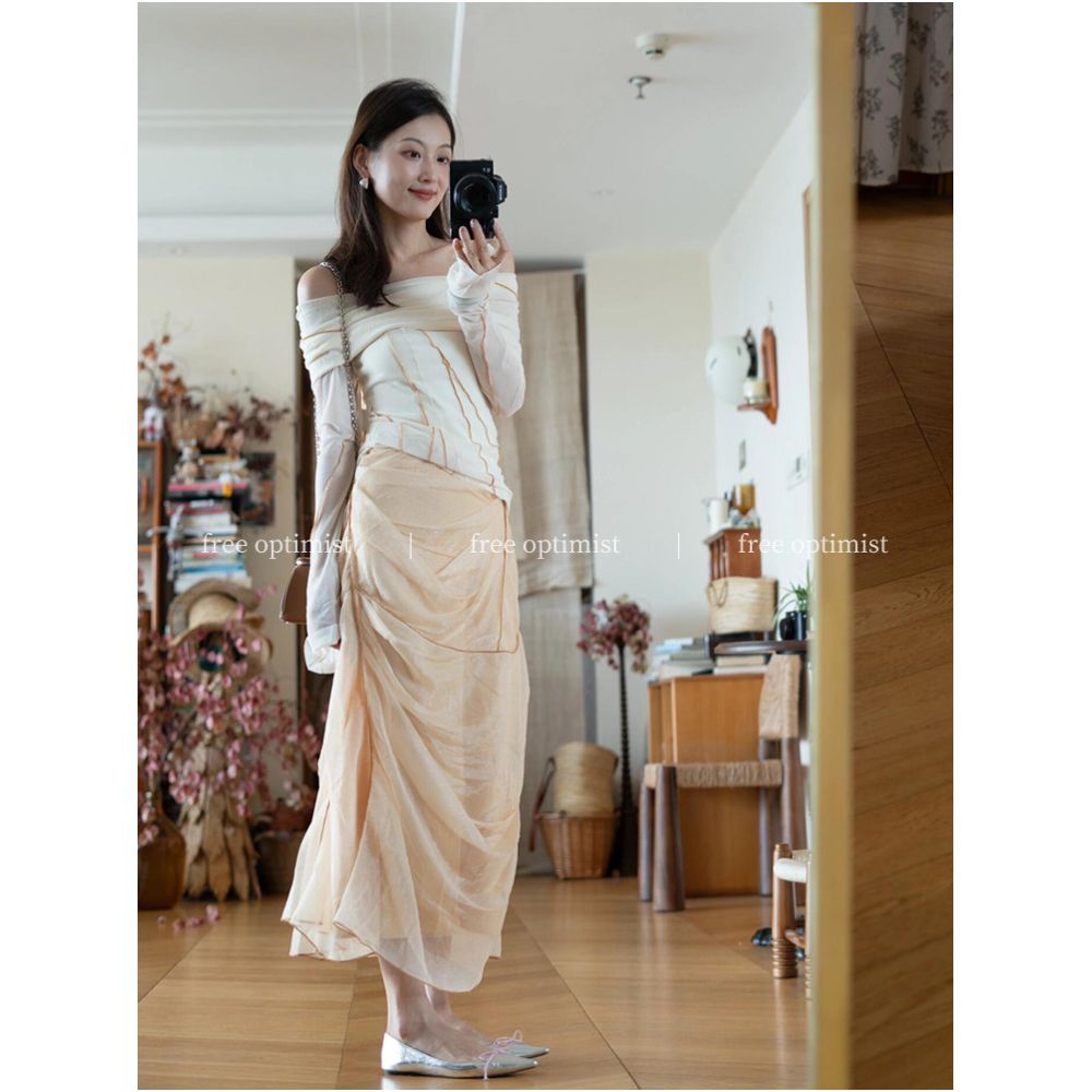 Free Optimist Pure and Desire Style Color Blocked Striped Design Off Shoulder T Shirt and Light Yellow Skirt Set for Autumn image 0