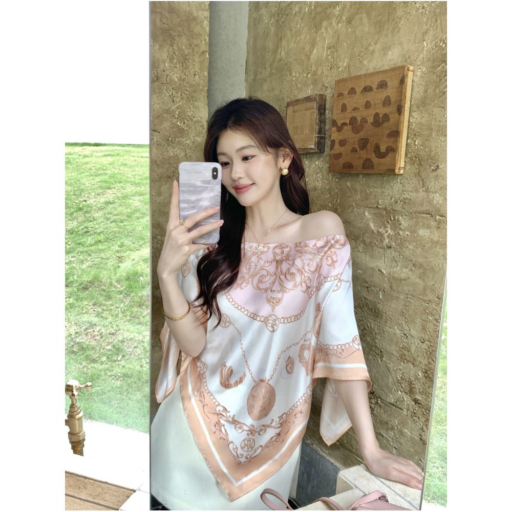 Syeee Sweet Dream Printed Square Scarf Top for Women Summer Retro Gentle Draping Off Shoulder image 1