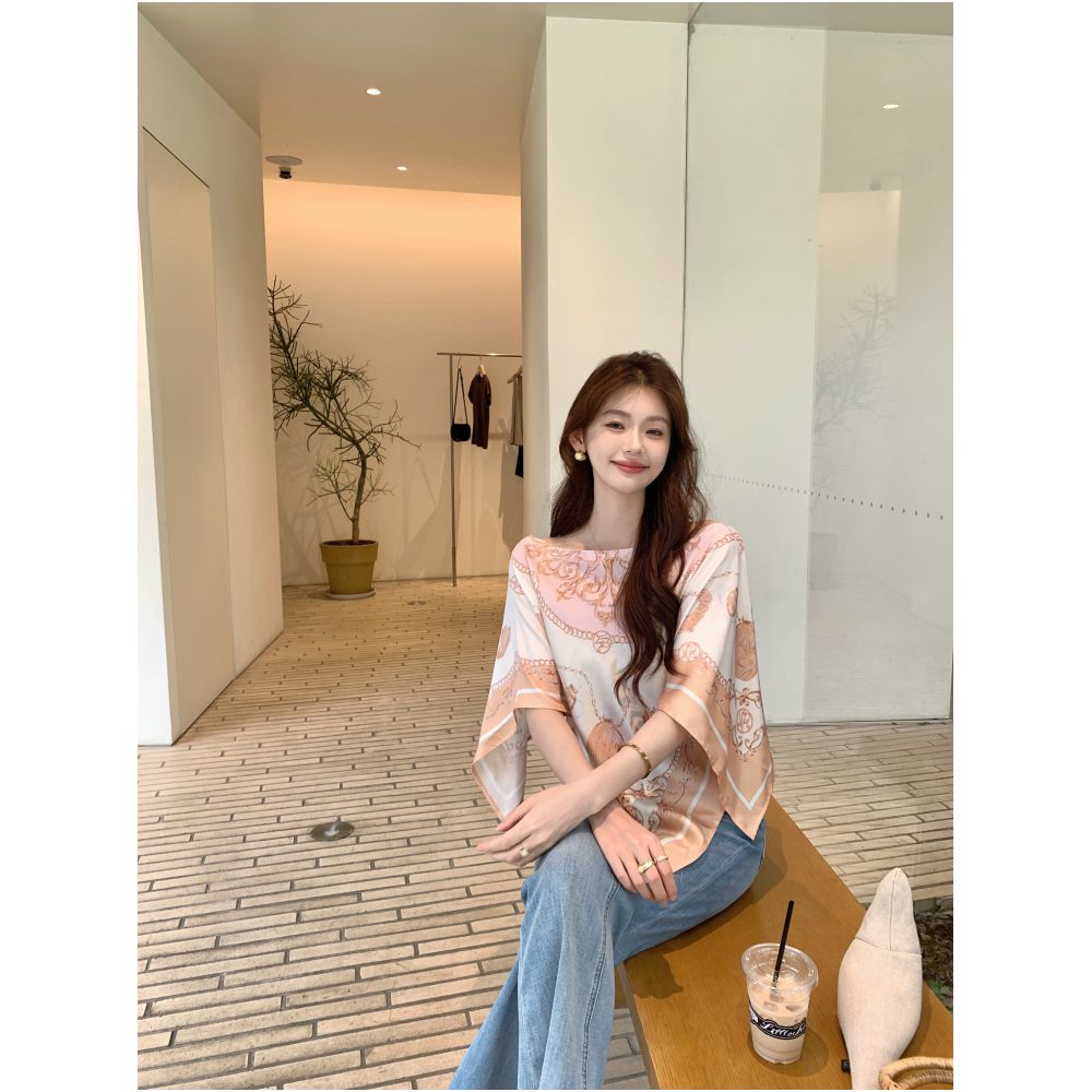 Syeee Sweet Dream Printed Square Scarf Top for Women Summer Retro Gentle Draping Off Shoulder image 4
