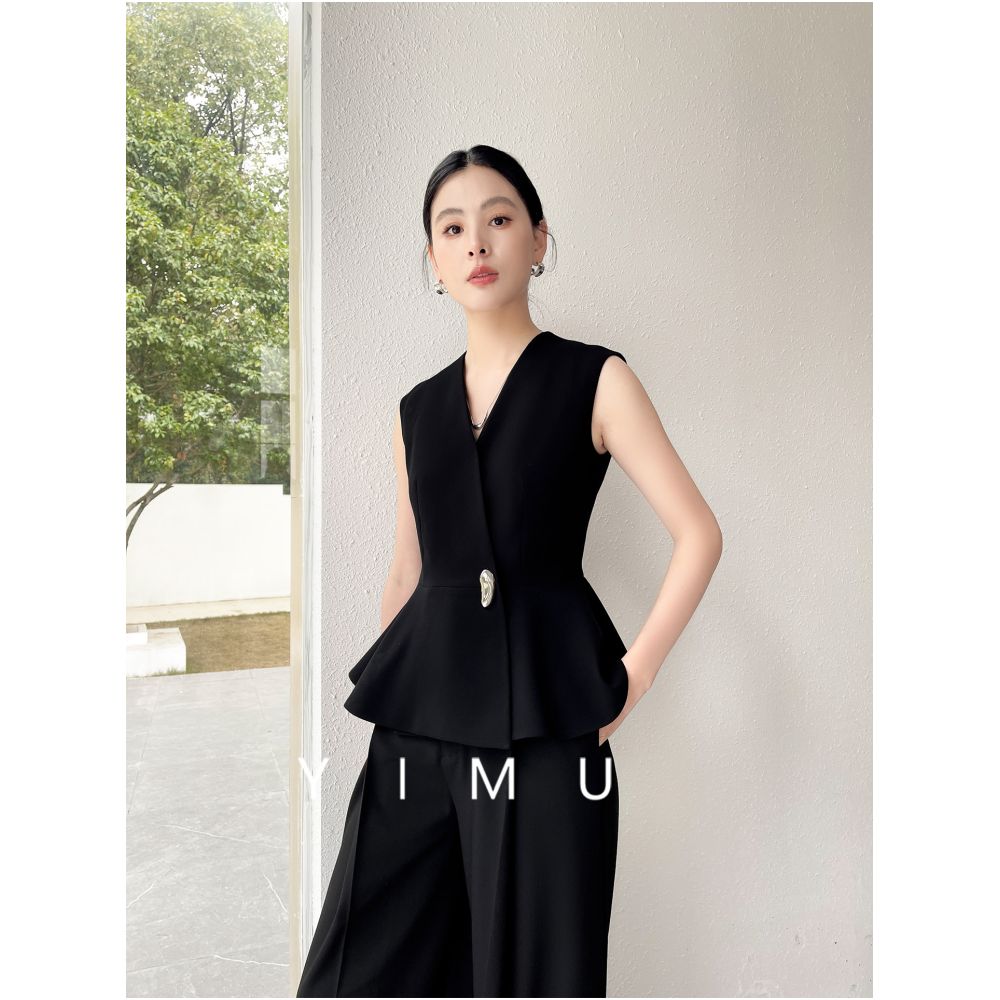 YIMU Black Acetate Vest 2026 New Style V neck High end Fit Slim Fit Elegant Ruffle Top Summer image 0