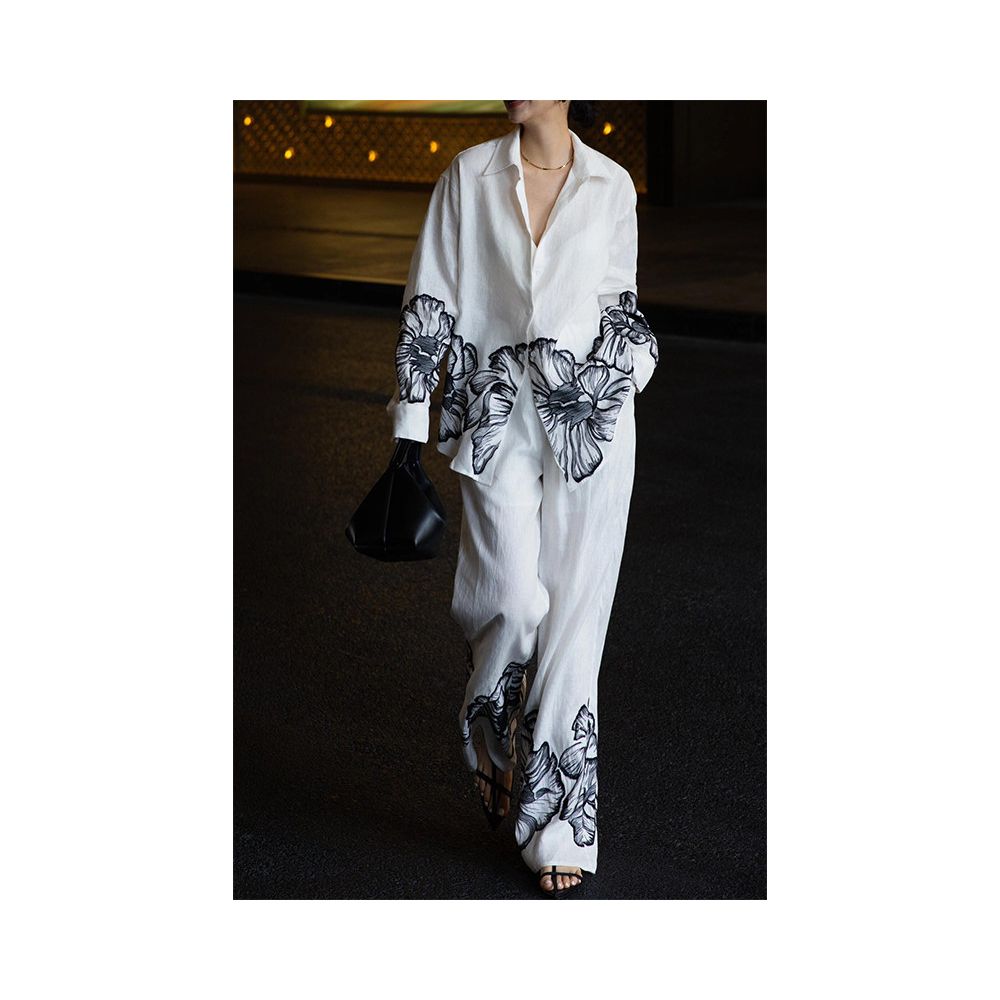 Chanel inspired stylish two piece suit for women autumn look elegant and sophisticated high end European style white linen shirt and wide leg pants image 1