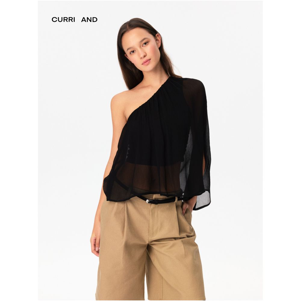 CURRI AND cupro fabric loose fitting asymmetrical top with off shoulder design anti exposure layered look image 3