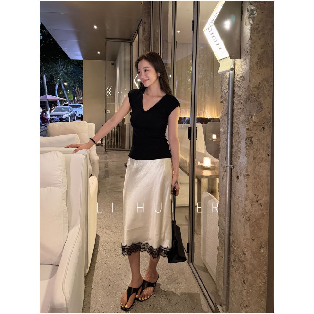 LiHuiEr Luoyuchuan Summer Light Beige High Waisted Lace Trimmed Acetate Straight Skirt for Women image 0