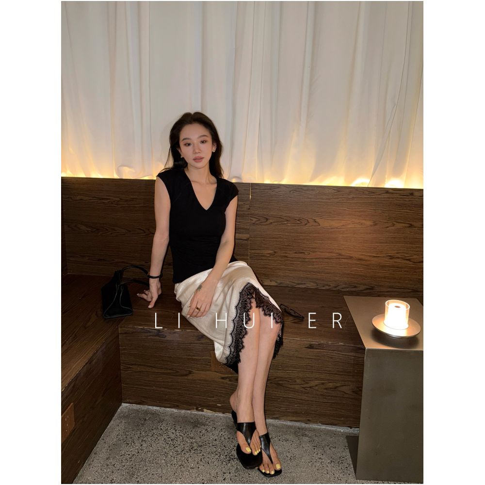 LiHuiEr Luoyuchuan Summer Light Beige High Waisted Lace Trimmed Acetate Straight Skirt for Women image 2