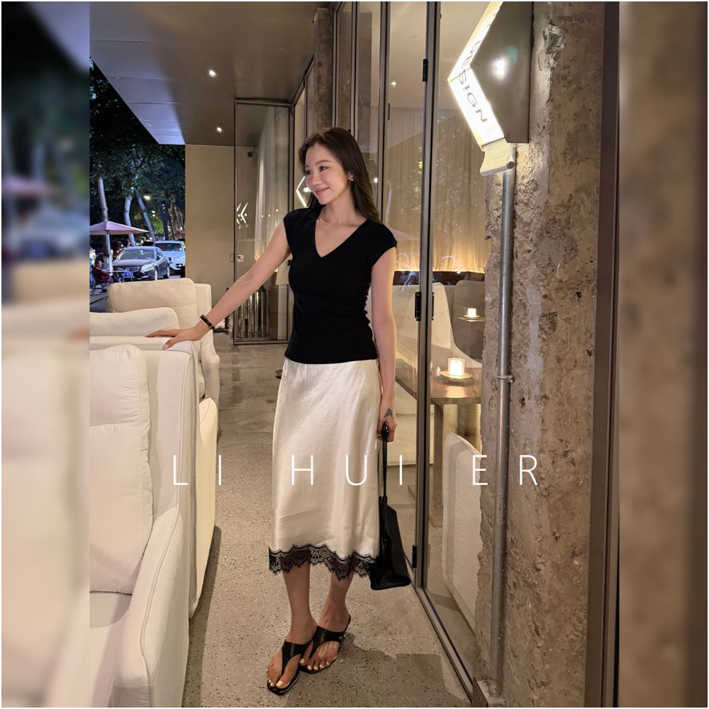 ASAYA7146 – Ivory Lace Satin Skirt 🦢🖤