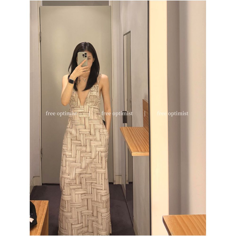 Free Optimist Printed V neck Backless Dress Women s 2025 Summer New Casual A line Suspender Long Dress image 0