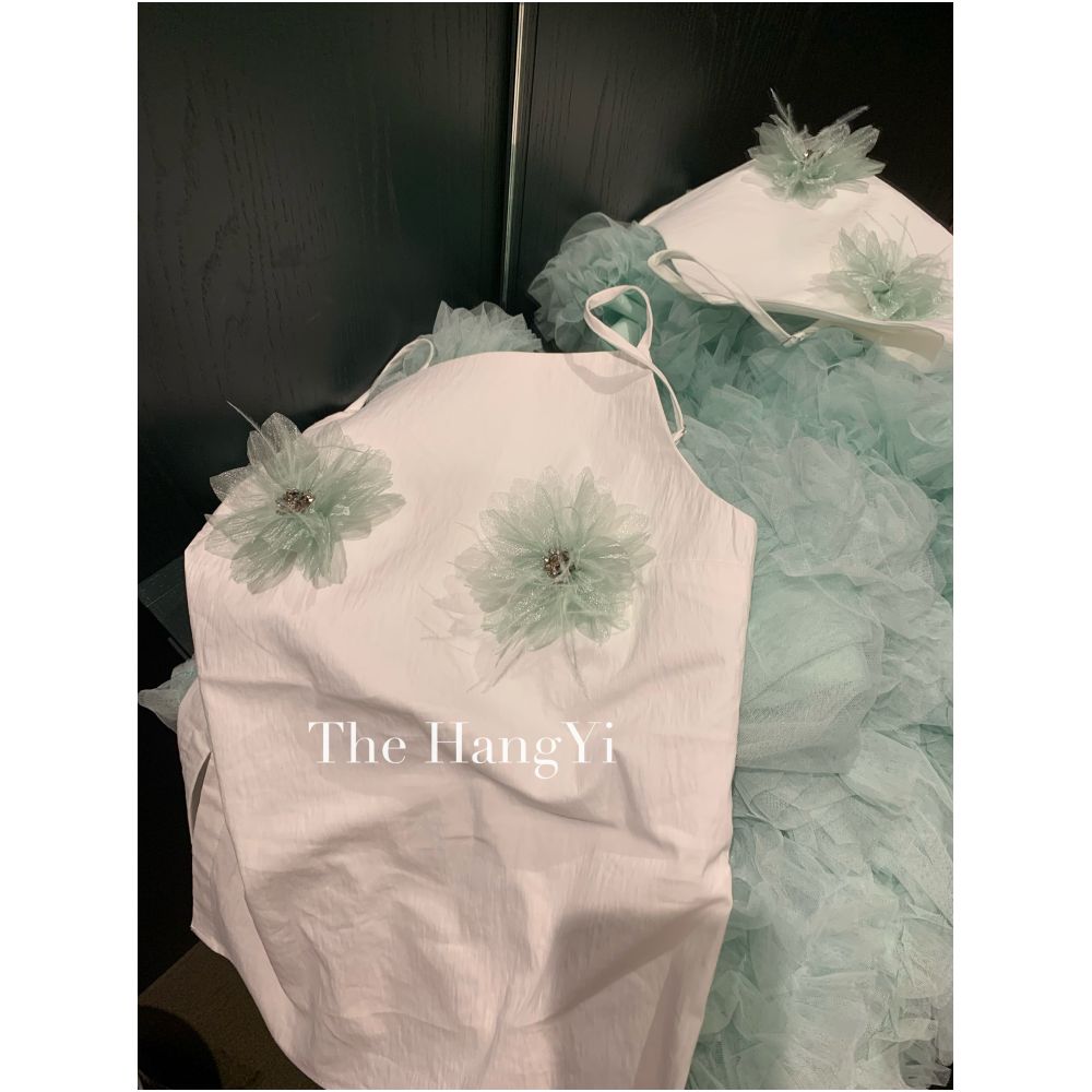 The HangYi Summer Original Design White Camisole Vest with Irregular Mint Mambo Tulle Skirt for Women image 1