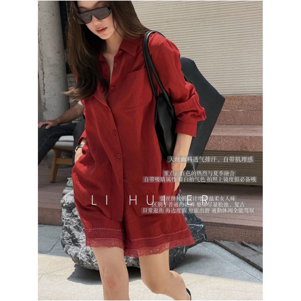 LiHuiEr Summer Date Red Lyocell Tencel Linen Long Sleeved Shirt and Shorts Set for Women image 2