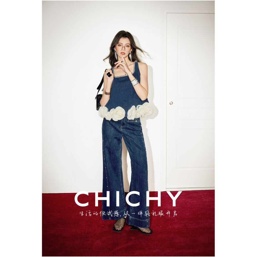Celebrity Style CHICHY Retro Hong Kong Style Women s Blue 3D Floral Vest and Denim Wide Leg Pants Set image 1