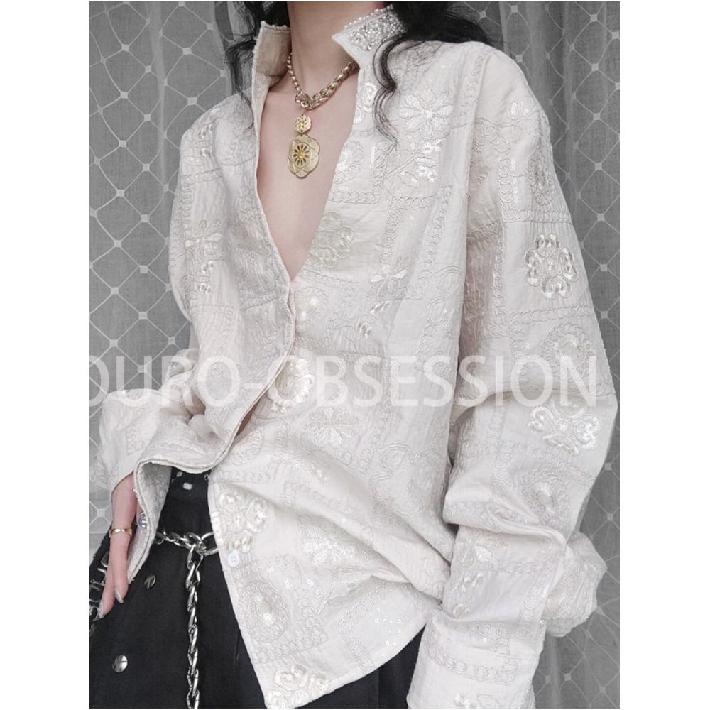 OURO Bard Court Style Embroidered Textured Beaded Light Luxury Deep V Neck Shirt image 1